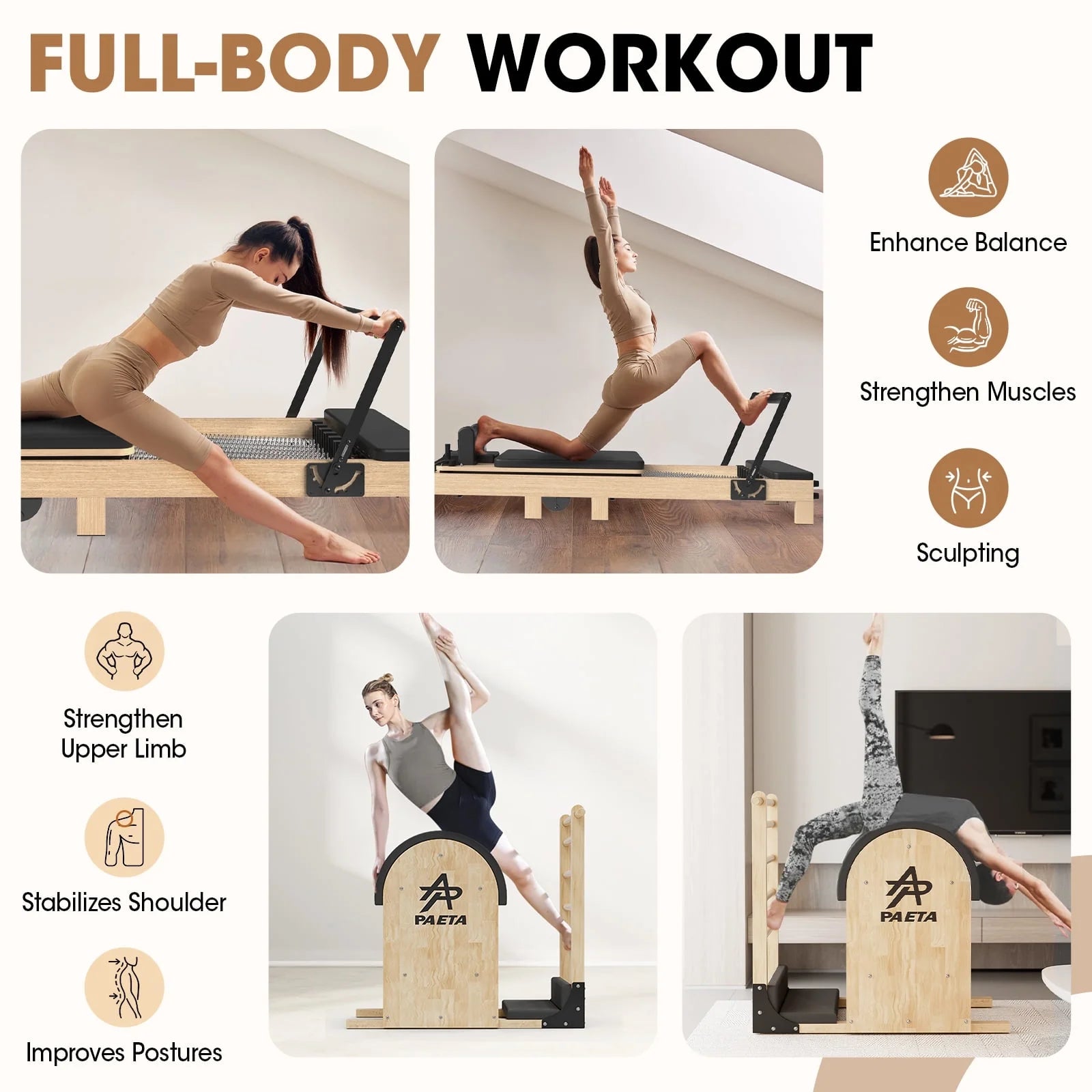 Pilates Reformer Machine, Wood Pilates Machine Bed Yoga Exercise Strength Training Equipment with Pilates Chair and Pilates Barrel for Home Workout
