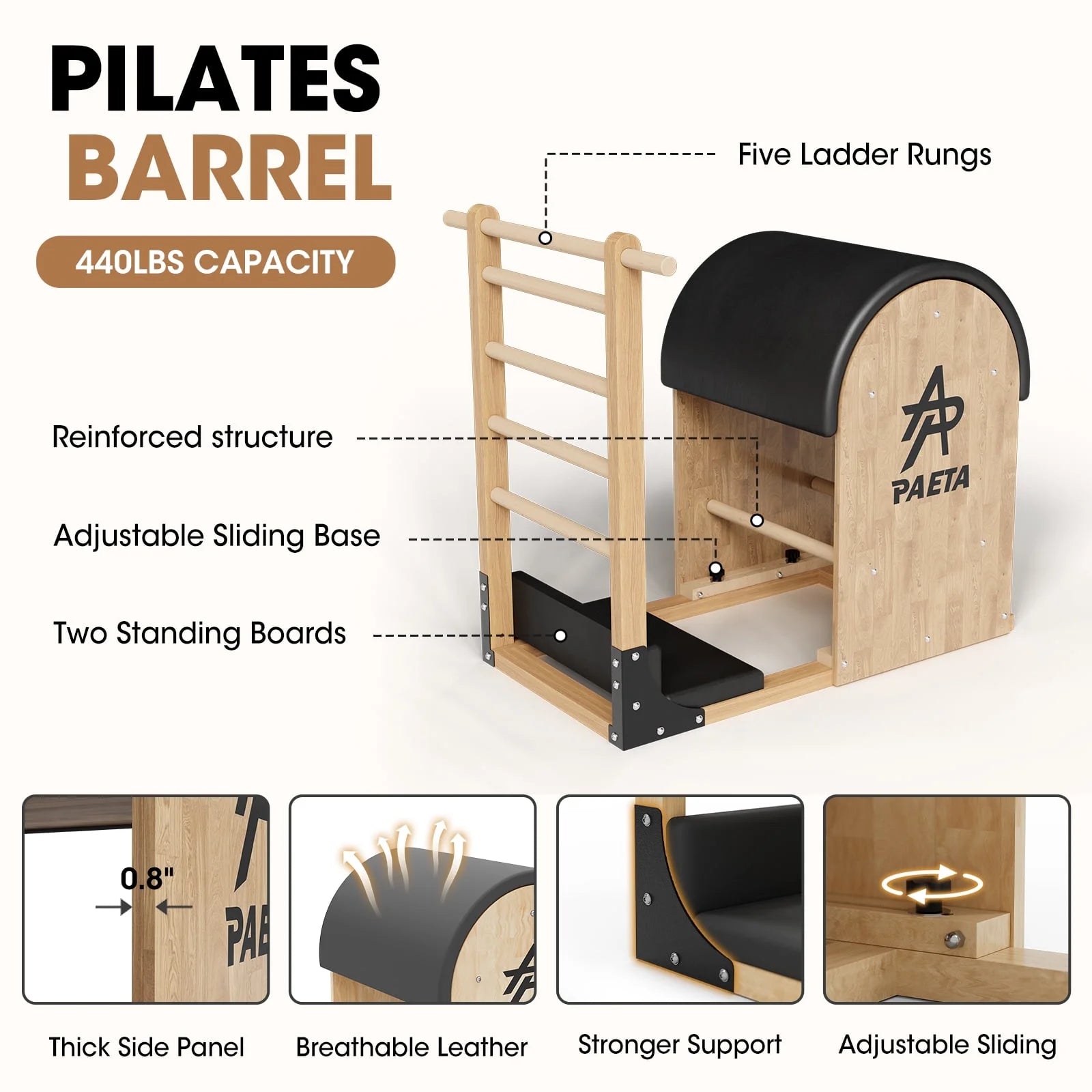 Pilates Reformer Machine, Wood Pilates Machine Bed Yoga Exercise Strength Training Equipment with Pilates Chair and Pilates Barrel for Home Workout