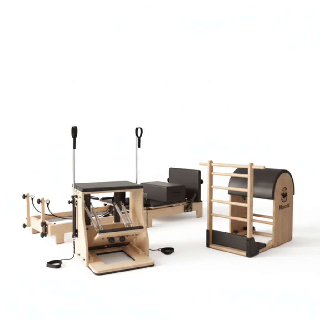 Pilates Reformer Machine, Wood Pilates Machine Bed Yoga Exercise Strength Training Equipment with Pilates Chair and Pilates Barrel for Home Workout