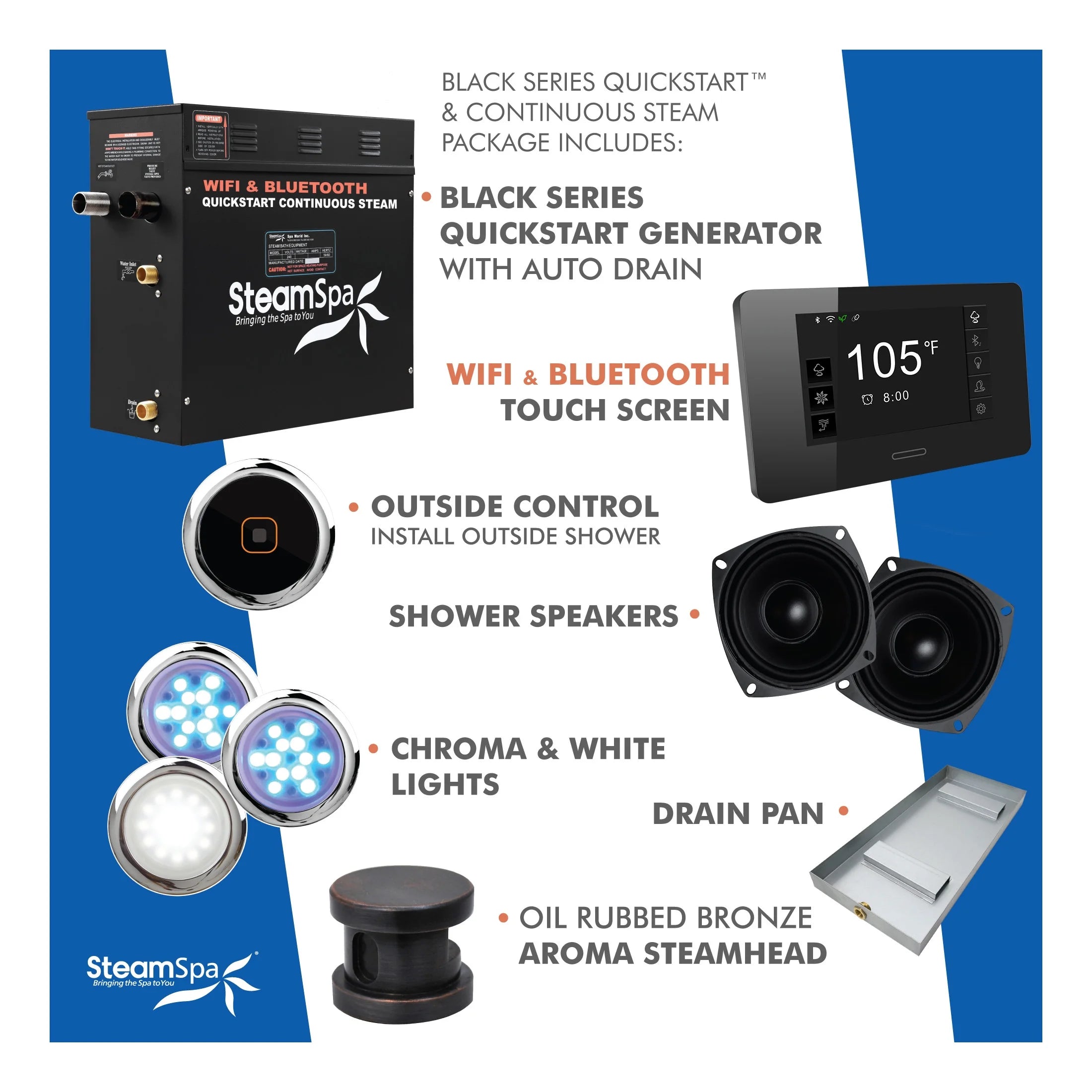 Black Series 6KW Steam Bath Generator with Advanced Control, BLUETOOTH WIFI, and Dual Aroma Pump in Oil Rubbed Bronze