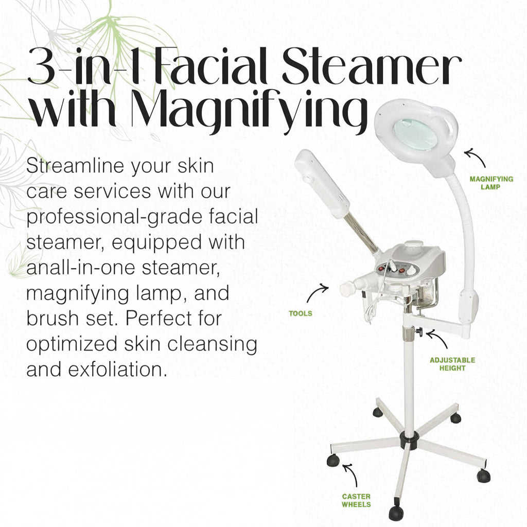 - 3-In-1 Ozone Facial Steamer, Facial Steamer for Esthetician with 5X Diopter Magnifying Lamp, 5-Piece Brush Set, Silent Timer & Aromatherapy, Facial Steamer Professional